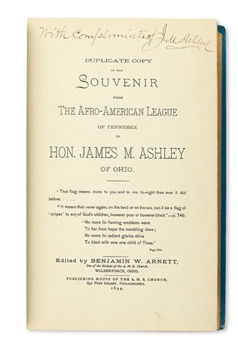(RELIGION.) ASHLEY, JAMES M. Duplicate Copy of the Souvenir from the Afro-American League of Tennessee to Hon. James M. Ashley of Ohio.